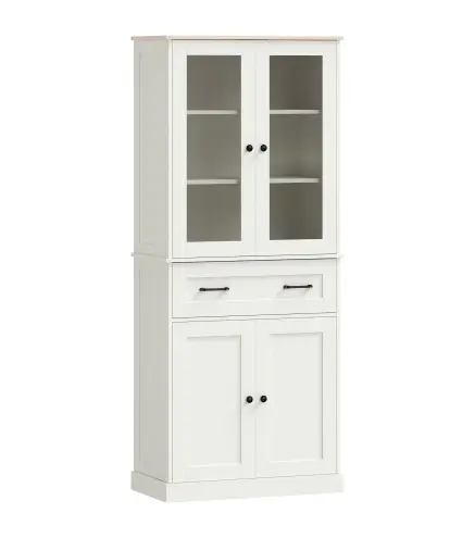 Mueble Auxiliar de Cocina con 2 Puertas de Acrílico Cajón Grande Estantes Ajustables 76x40x182,5 cm Crema