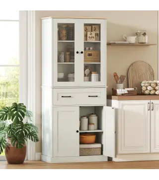 Mueble Auxiliar de Cocina con 2 Puertas de Acrílico Cajón Grande Estantes Ajustables 76x40x182,5 cm Crema