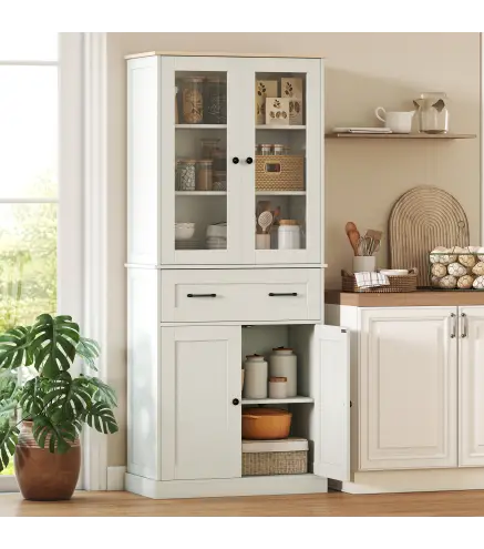 Mueble Auxiliar de Cocina con 2 Puertas de Acrílico Cajón Grande Estantes Ajustables 76x40x182,5 cm Crema