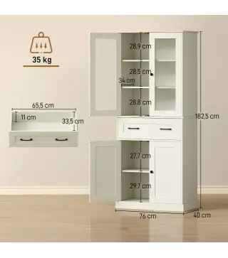 Mueble Auxiliar de Cocina con 2 Puertas de Acrílico Cajón Grande Estantes Ajustables 76x40x182,5 cm Crema