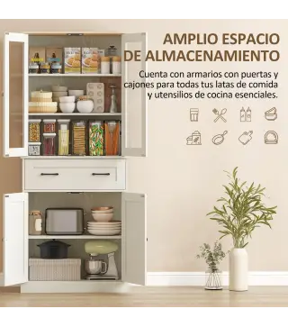Mueble Auxiliar de Cocina con 2 Puertas de Acrílico Cajón Grande Estantes Ajustables 76x40x182,5 cm Crema