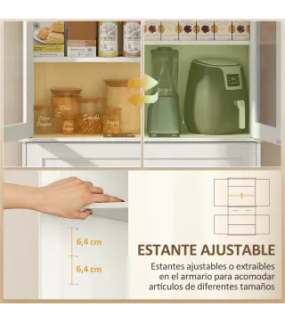 Mueble Auxiliar de Cocina con 2 Puertas de Acrílico Cajón Grande Estantes Ajustables 76x40x182,5 cm Crema