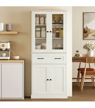 Mueble Auxiliar de Cocina con 2 Puertas de Acrílico Cajón Grande Estantes Ajustables 76x40x182,5 cm Crema