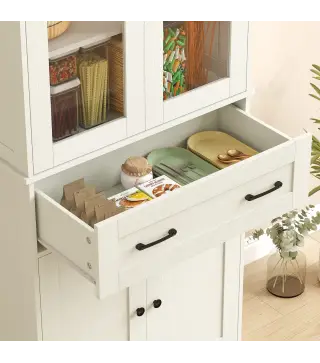 Mueble Auxiliar de Cocina con 2 Puertas de Acrílico Cajón Grande Estantes Ajustables 76x40x182,5 cm Crema