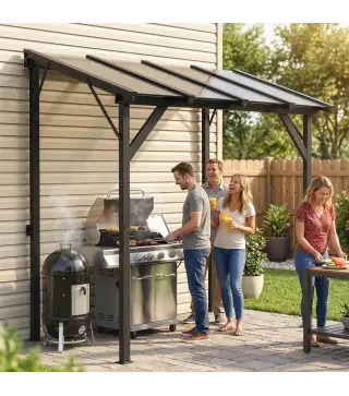 Carpa Barbacoa 2,5x1,5 m con Techo de Policarbonato Diseño Adosado Estructura de Metal y Aluminio para Exterior Gris