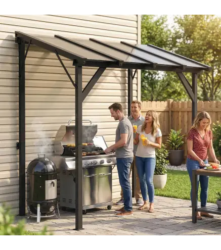 Carpa Barbacoa 2,5x1,5 m con Techo de Policarbonato Diseño Adosado Estructura de Metal y Aluminio para Exterior Gris