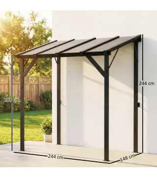Carpa Barbacoa 2,5x1,5 m con Techo de Policarbonato Diseño Adosado Estructura de Metal y Aluminio para Exterior Gris