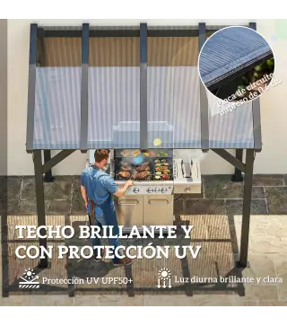 Carpa Barbacoa 2,5x1,5 m con Techo de Policarbonato Diseño Adosado Estructura de Metal y Aluminio para Exterior Gris