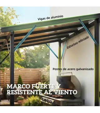 Carpa Barbacoa 2,5x1,5 m con Techo de Policarbonato Diseño Adosado Estructura de Metal y Aluminio para Exterior Gris