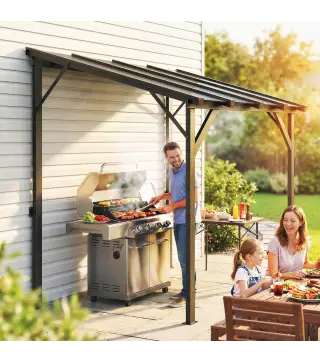 Carpa Barbacoa 2,5x1,5 m con Techo de Policarbonato Diseño Adosado Estructura de Metal y Aluminio para Exterior Gris