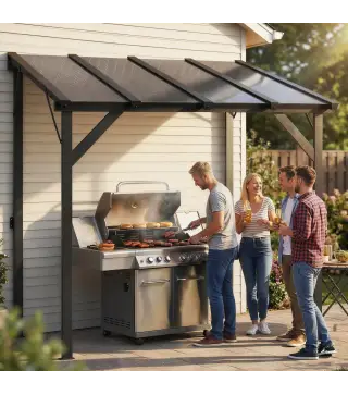 Carpa Barbacoa 2,5x1,5 m con Techo de Policarbonato Diseño Adosado Estructura de Metal y Aluminio para Exterior Gris