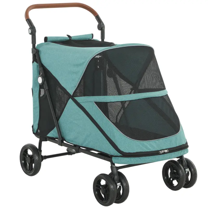 Carrito para Perros Plegable con un Botón hasta 30 kg con Suspensión en 4 Ruedas Giratorio y Freno de Pie Turquesa