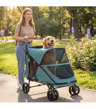 Carrito para Perros Plegable con un Botón hasta 30 kg con Suspensión en 4 Ruedas Giratorio y Freno de Pie Turquesa