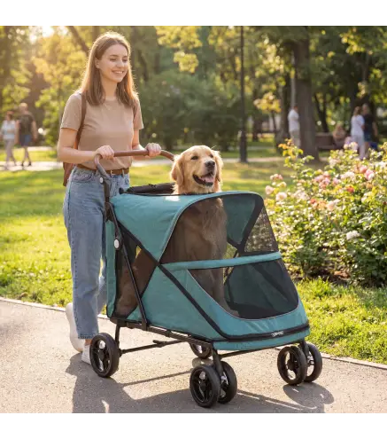 Carrito para Perros Plegable con un Botón hasta 30 kg con Suspensión en 4 Ruedas Giratorio y Freno de Pie Turquesa