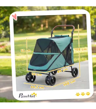 Carrito para Perros Plegable con un Botón hasta 30 kg con Suspensión en 4 Ruedas Giratorio y Freno de Pie Turquesa