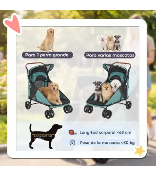 Carrito para Perros Plegable con un Botón hasta 30 kg con Suspensión en 4 Ruedas Giratorio y Freno de Pie Turquesa
