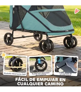 Carrito para Perros Plegable con un Botón hasta 30 kg con Suspensión en 4 Ruedas Giratorio y Freno de Pie Turquesa