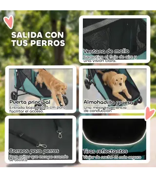 Carrito para Perros Plegable con un Botón hasta 30 kg con Suspensión en 4 Ruedas Giratorio y Freno de Pie Turquesa