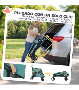Carrito para Perros Plegable con un Botón hasta 30 kg con Suspensión en 4 Ruedas Giratorio y Freno de Pie Turquesa