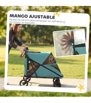Carrito para Perros Plegable con un Botón hasta 30 kg con Suspensión en 4 Ruedas Giratorio y Freno de Pie Turquesa