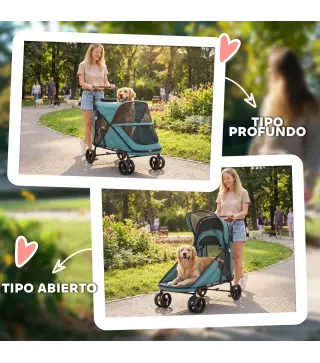 Carrito para Perros Plegable con un Botón hasta 30 kg con Suspensión en 4 Ruedas Giratorio y Freno de Pie Turquesa