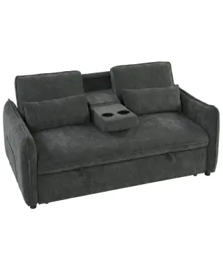 Sofá Cama 2 Plazas 3 en 1 con Mesa Auxiliar Portavasos Respaldo Ajustable Bolsillos Laterales 2 Almohadas Gris Oscuro