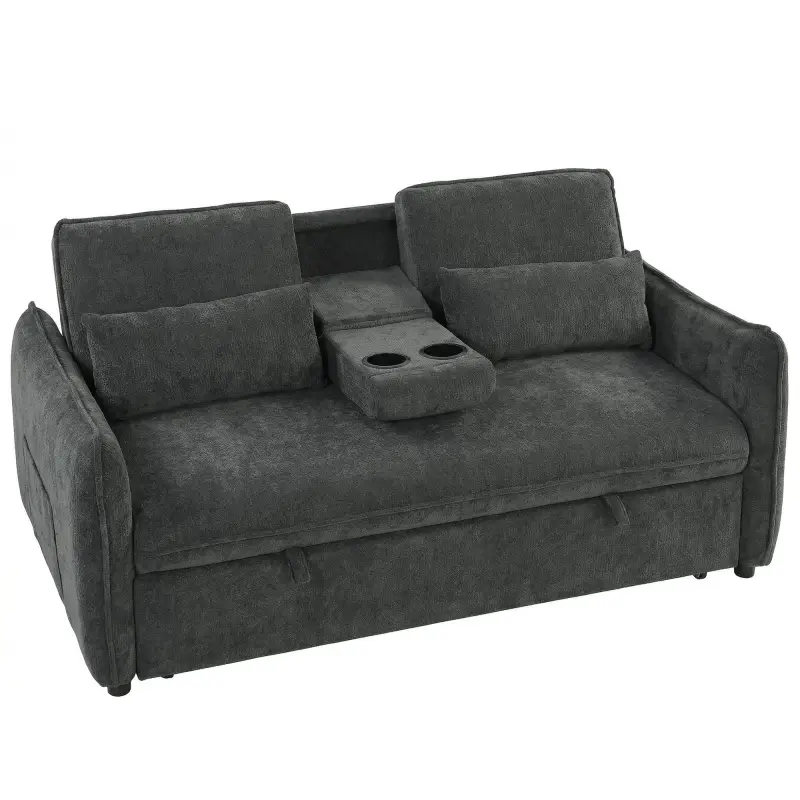 Sofá Cama 2 Plazas 3 en 1 con Mesa Auxiliar Portavasos Respaldo Ajustable Bolsillos Laterales 2 Almohadas Gris Oscuro