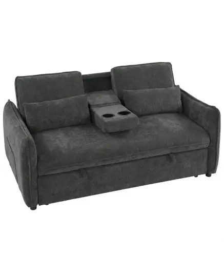 Sofá Cama 2 Plazas 3 en 1 con Mesa Auxiliar Portavasos Respaldo Ajustable Bolsillos Laterales 2 Almohadas Gris Oscuro