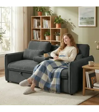 Sofá Cama 2 Plazas 3 en 1 con Mesa Auxiliar Portavasos Respaldo Ajustable Bolsillos Laterales 2 Almohadas Gris Oscuro