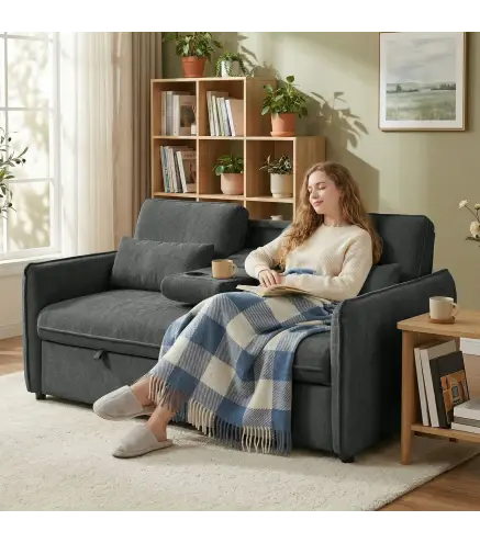 Sofá Cama 2 Plazas 3 en 1 con Mesa Auxiliar Portavasos Respaldo Ajustable Bolsillos Laterales 2 Almohadas Gris Oscuro