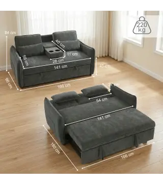Sofá Cama 2 Plazas 3 en 1 con Mesa Auxiliar Portavasos Respaldo Ajustable Bolsillos Laterales 2 Almohadas Gris Oscuro