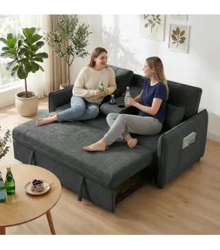 Sofá Cama 2 Plazas 3 en 1 con Mesa Auxiliar Portavasos Respaldo Ajustable Bolsillos Laterales 2 Almohadas Gris Oscuro