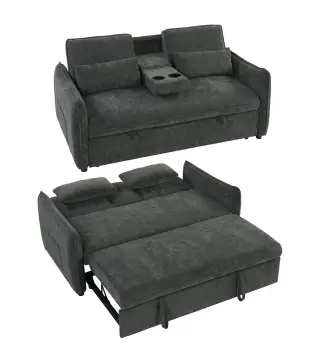 Sofá Cama 2 Plazas 3 en 1 con Mesa Auxiliar Portavasos Respaldo Ajustable Bolsillos Laterales 2 Almohadas Gris Oscuro