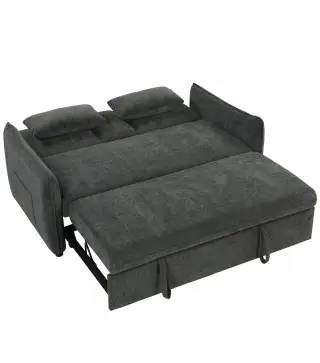 Sofá Cama 2 Plazas 3 en 1 con Mesa Auxiliar Portavasos Respaldo Ajustable Bolsillos Laterales 2 Almohadas Gris Oscuro