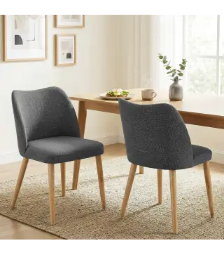 Pack de 2 Sillas de Cocina Nórdicas Tapizadas de Lino Respaldo Curvo Asiento Acolchado Patas de Madera Gris Claro