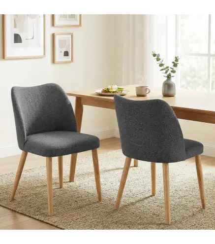 Pack de 2 Sillas de Cocina Nórdicas Tapizadas de Lino Respaldo Curvo Asiento Acolchado Patas de Madera Gris Claro