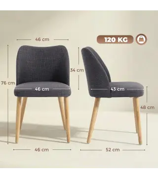 Pack de 2 Sillas de Cocina Nórdicas Tapizadas de Lino Respaldo Curvo Asiento Acolchado Patas de Madera Gris Claro