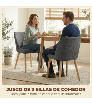 Pack de 2 Sillas de Cocina Nórdicas Tapizadas de Lino Respaldo Curvo Asiento Acolchado Patas de Madera Gris Claro