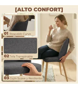 Pack de 2 Sillas de Cocina Nórdicas Tapizadas de Lino Respaldo Curvo Asiento Acolchado Patas de Madera Gris Claro