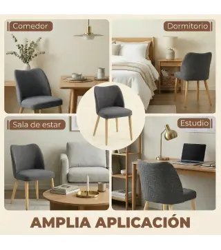 Pack de 2 Sillas de Cocina Nórdicas Tapizadas de Lino Respaldo Curvo Asiento Acolchado Patas de Madera Gris Claro