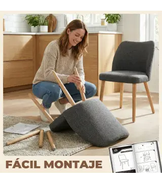 Pack de 2 Sillas de Cocina Nórdicas Tapizadas de Lino Respaldo Curvo Asiento Acolchado Patas de Madera Gris Claro