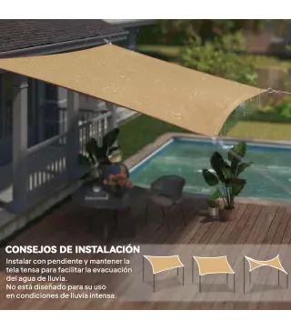 Toldo Vela Rectangular de HDPE 4x6 m con Anti-UV Anillas de Acero Inoxidable y Cuerdas de Nylon para Jardín Patio Arena