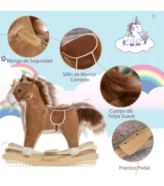 Juguete Balancín de Felpa Suave con Música Relinchos Sonidos de Galope Boca y Cola Móviles 65x32,5x61 cm Marrón