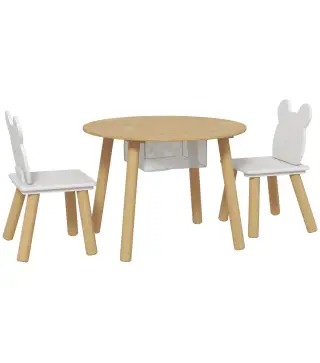 Conjunto Infantil de Mesa y 2 Sillas de Madera con Respaldo en Forma de Oso y Espacio de Almacenaje para Niños 3-6 Años