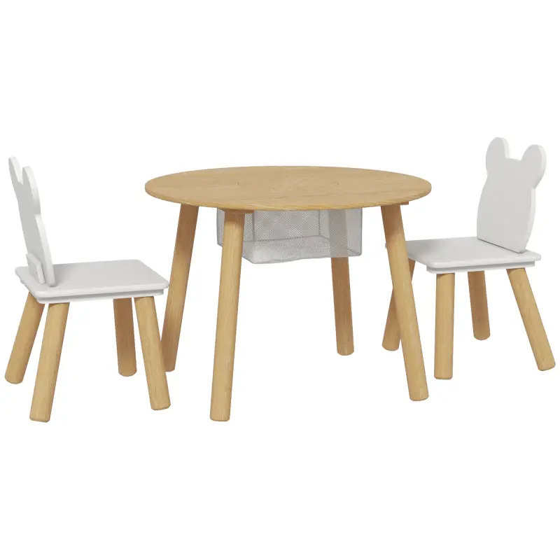 Conjunto Infantil de Mesa y 2 Sillas de Madera con Respaldo en Forma de Oso y Espacio de Almacenaje para Niños 3-6 Años Conjunto Infantil de Mesa y 2 Sillas de Madera con Respaldo en Forma de Oso y Espacio de Almacenaje para Niños 3-6 Años