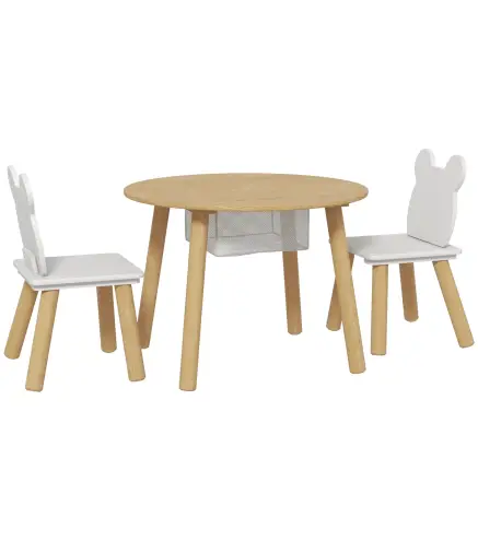 Conjunto Infantil de Mesa y 2 Sillas de Madera con Respaldo en Forma de Oso y Espacio de Almacenaje para Niños 3-6 Años