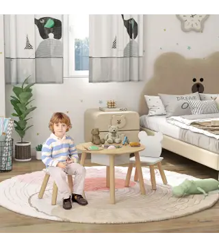 Conjunto Infantil de Mesa y 2 Sillas de Madera con Respaldo en Forma de Oso y Espacio de Almacenaje para Niños 3-6 Años