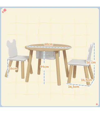 Conjunto Infantil de Mesa y 2 Sillas de Madera con Respaldo en Forma de Oso y Espacio de Almacenaje para Niños 3-6 Años
