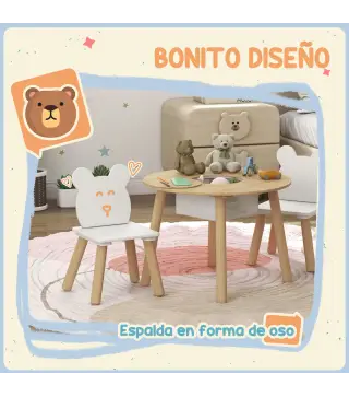 Conjunto Infantil de Mesa y 2 Sillas de Madera con Respaldo en Forma de Oso y Espacio de Almacenaje para Niños 3-6 Años