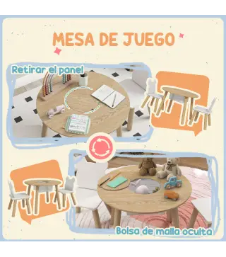 Conjunto Infantil de Mesa y 2 Sillas de Madera con Respaldo en Forma de Oso y Espacio de Almacenaje para Niños 3-6 Años